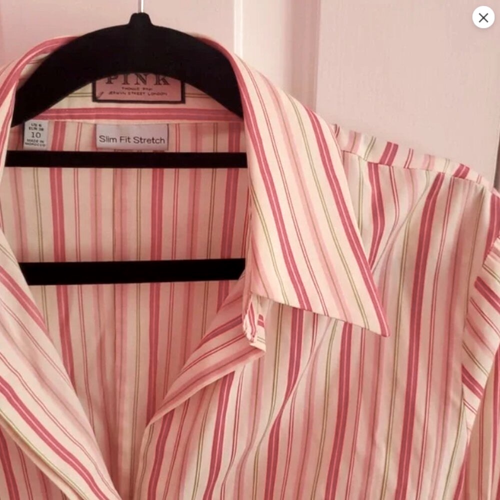 Thomas PINK, pink/ivory/green v-neck buttoned shirt. Feels great on.